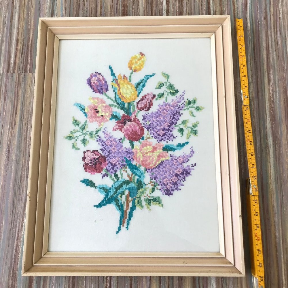 Spring Flower Bouquet Completed Cross Stitch Embroidery Lg Framed Picture 18x23"
